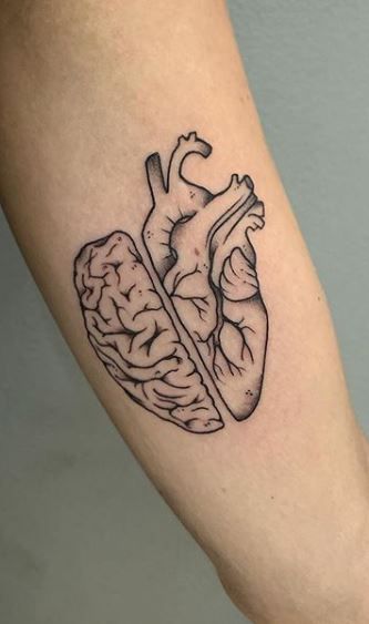 Heart Tattoos - Tons of Inspiration, Tattoo Designs and Ideas Tattoo Ideas Heart And Brain, Get Out Of Your Head Tattoo, Upside Down Heart Tattoo, Heart And Mind Balance Tattoo, Melting Brain Tattoo, Protected Heart Tattoo, Head Vs Heart Tattoo, Mind Heart Tattoo, Balance Heart And Brain Tattoo