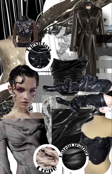 Fashion Design Moodboard Inspiration, Futuristic Fashion Moodboard, Fashion Portfolio Moodboard, Trend Book Layout, Moodboard Fashion Design Mood Boards, Fabric Board Fashion, Moodboard Ideas Layout, Fashion Trend Moodboard, Material Board Fashion