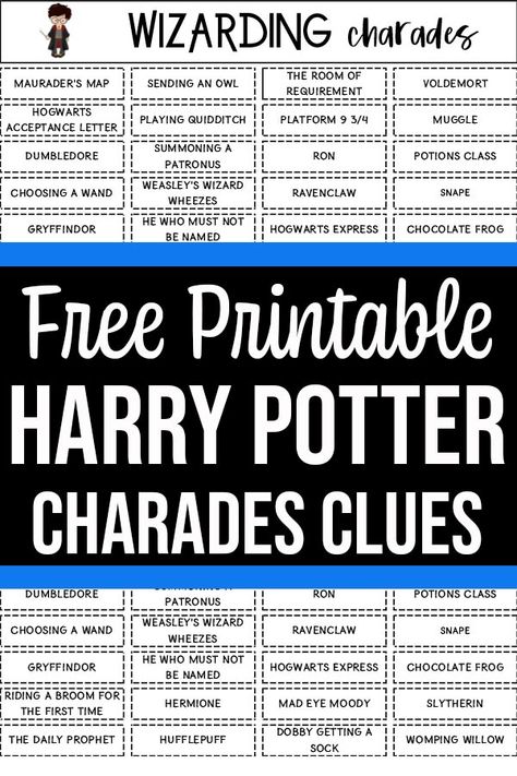 So fun! This Harry Potter themed charades for kids printable game is a fun and easy family activity. Kids will have a blast acting out clues from the word list using characters and actions from the Wizarding world of Harry Potter. Get these 25 clues to print out at home. Makes a fun kids activity especially at a Harry Potter birthday party! Charades is a great party game for kids. Printable Harry Potter, Charades For Kids, Harry Potter Activities, Harry Potter Marathon, Harry Potter Printables Free, Charades Game, Harry Potter Games, Printable Games For Kids, Theme Harry Potter