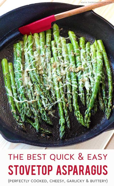 The Best Quick & Easy Stovetop Asparagus! Learn how to properly prep & make a simple sauteed asparagus on the stove in 10 minutes or less. This recipe is flavored with drool-worthy butter, garlic & parmesan cheese so it'll please even the pickiest of eaters! Serve it as a side dish with any meal any night of the week! #sidedish #spring #easyrecipe #lowcarbrecipes #glutenfreerecipes #healthyrecipes #realfood #homemade Stovetop Asparagus, Asparagus Stove Top, Asparagus On The Stove, Asparagus Recipes Sauteed, Sauteed Asparagus, Saute Asparagus, Parmesan Asparagus, Asparagus Recipes, How To Cook Asparagus