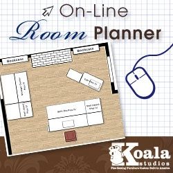 Koala Online Room Planner-Use our interactive Room Planner to design the sewing room of your dreams!  Create floor plans and arrange furniture to see how beautifully Koala Studios fit into your home. Sewing Studio Layout, Sewing Room Layout, Apartment Furniture Layout, Room Layout Ideas, Renovation Planner, Sewing Room Furniture, Sewing Room Inspiration, Bedroom Furniture Layout, Create Floor Plan