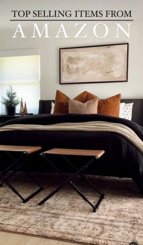 Black Bedspread Room Ideas Boho, Copper And Black Bedding, How To Style A Black Comforter, Clay And Black Bedroom, Chic Modern Bedding, Black White Brown Bedding, Masculine Feminine Bedroom Decorating Ideas, Black Cream Rust Bedroom, Black Master Bedding