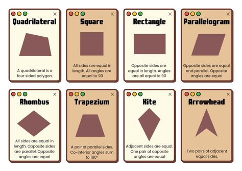 Brown, maths, flashcards, shapes, quadrilaterals, KS2, KS3, KS4, GCSE, math Maths Flashcards, Types Of Quadrilaterals, Properties Of Quadrilaterals, Math Methods, Math Tricks, Math Resources, Student Learning, Different Types, Key