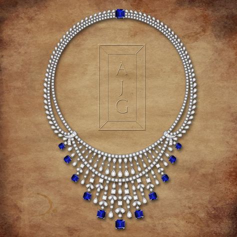 Antique Diamond Necklace, Sapphire Diamond Necklace, Blue Sapphire Jewelry, Diamond Necklace Designs, Fancy Necklace, Jewellery Sketches, Diamond Jewelry Necklace, Jewellery Designer, Blue Sapphire Diamond