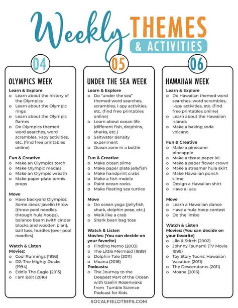 Weekly camp themes for caregivers Weekly School Themes, Fun Things To Do At Daycare, At Home Summer School Schedule, Weekly Summer Themes For Preschool, Toddler Summer Camp Themes, Pre K Summer Themes, Summer Enrichment Activities For Kids, Elementary Summer Schedule, Themed Summer Weeks