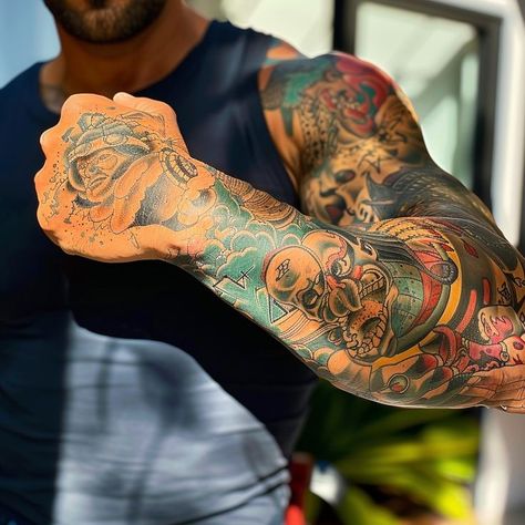 Detailed full sleeve tattoo with traditional designs and vivid colors on an individual's arm. Rich symbolism and intricate patterns skillfully inked into the skin. Sleeve Tattoos Mens Arm, Arm Tattoos Color, Full Arm Tattoos, Arm Art, Visual Narrative, Full Sleeve Tattoo, New Earth, Tattoo Sleeve Men, Sleeve Tattoo