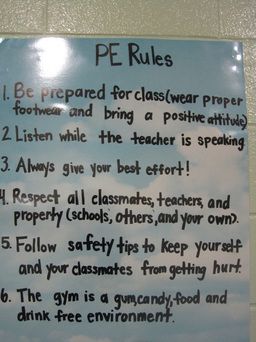 Element IV.4:D- Teachers know and implement policies and procedures to ensure student safety.  I selected this picture because safety is very important in a school.  It is a priority that students know, understand, and follow rules in Physical Education because there is the most opportunities for students to get hurt in the gymnasium. Rules are also important to have in a classroom so that the students respect each other and keep safety first.  Grade Level: 4th Pe Rules Poster, Physical Education Rules, Pe Rules, Recess Rules, Physical Education Bulletin Boards, Pe Games Elementary, Pe Lesson Plans, Elementary Physical Education, Elementary Pe