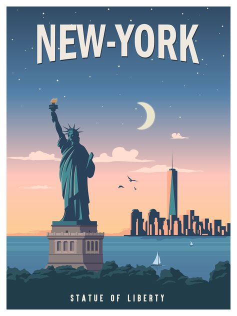 New York Travel Poster, Usa Skyline, Illustration Poster Design, New York Statue, Travel Poster Design, Illustration Poster, New York Travel, Graphic Design Portfolio, Vintage Travel Posters