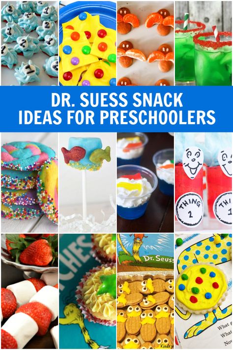 These yummy Dr. Seuss snack ideas for preschoolers are perfect whether you're celebrating Dr. Seuss's birthday or Read Across America. Dr Seuss Snacks For Toddlers, Dr Seuss Snack Ideas For Preschool, Dr Sues Snacks, Dr Seuss Food Ideas Classroom, Dr Suess Snacks For Kids Food Ideas, Dr Seuss Snacks For Kids, Horton Hears A Who Snack Ideas, Cat In The Hat Snacks For Kids, Read Across America Snacks