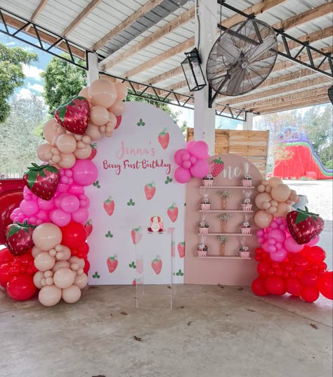 Strawberry birthday party, berry first theme, strawberry decor, balloon garland backdrop Strawberry First Birthday Balloons, First Birthday Photo Backdrop, Berry First Birthday Backdrop, Strawberry Shortcake Birthday Theme, Balloon Garland Backdrop, Strawberry Birthday Party, Baby First Birthday Themes, Strawberry Decor, Strawberry Shortcake Birthday