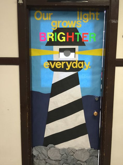 Lighthouse                                                                                                                                                      More Nautical Classroom Theme, Reading Corner Classroom, Nautical Classroom, Catholic Schools Week, Sailing Theme, Ocean Theme Classroom, Teacher Doors, School Doors, Leader In Me