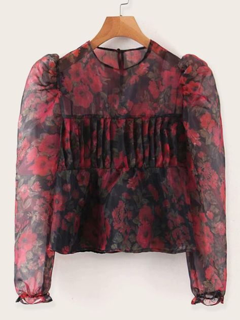 Floral Print Puff Sleeve Organza Sheer Blouse | SHEIN Printed Organza Kurti Designs Latest, Organza Short Kurti Designs, Printed Organza Kurti Designs, Organza Sleeves Style For Kurti, Organza Puff Sleeve Blouse Indian, Organza Tops Designs, Organza Top Outfit, Organza Tops Blouses, Organza Top Styles