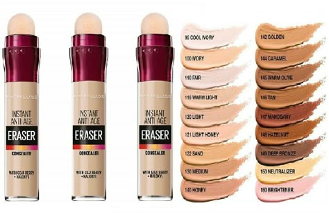 MAYBELLINE Instant Anti-Age Eraser Under Eye Lightweight Concealer *ALL SHADES* Say goodbye to imperfections with the Eraser Eye Concealer in Light from Maybelline. Formulated with coloured pigments to perfect the under-eye area and visibly reduce the appearance of fine lines and dark circles for luminous peepers, its unique formula is enriched with Goji Berry to hydrate skin, whilst remaining gentle to the delicate eye area and delivering a flawless finish. Features a built-in sponge applicator Maybelline Concealer Shades, Makeup Application Order, Eraser Concealer, Maybelline Products, Maybelline Vivid Matte Liquid, Lipstick Maybelline, Maybelline Foundation, Maybelline Cosmetics, Mascara Maybelline