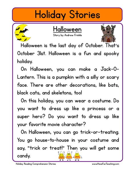 This Reading Comprehension Worksheet - Halloween is for teaching reading comprehension. Use this reading comprehension story to teach reading comprehension. Holiday Reading Comprehension, Third Grade Reading Comprehension, Halloween Reading Comprehension, Free Reading Comprehension Worksheets, Essay Ideas, Teaching Reading Comprehension, Halloween Reading, Halloween Worksheets, Topic Ideas