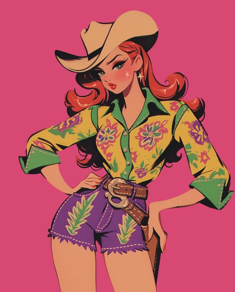 💖🤠✨ . . . #PinupCowgirl #RetroVibes #VintagePinup #CowgirlArt #PinupArt #MidjourneyArt #AIArt #DigitalArt #WesternStyle #CowgirlVibes #PinupStyle #VintageVibes #RetroCowgirl #BoldColors #PinupFashion #PopArtStyle #AIArtCommunity #MidjourneyCreations #CowgirlChic #WesternGlam #PinupInspiration #CowgirlLife #WesternPinup #FloralFashion #GlamourCowgirl 70s Character Design, Cowgirl Drawing, Pin Up Cowgirl, Cowgirl Pinup, Neon Hearts, Cowgirl Poster, Bonnie Blue, Western Glam, Coloring Pages For Grown Ups