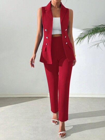 Buisness Attire, Colorful Street Style, Shein Women, Outfit Elegantes, Sleeveless Blazer, Formal Pants, Blazer Set, Casual Suit, Style Mistakes