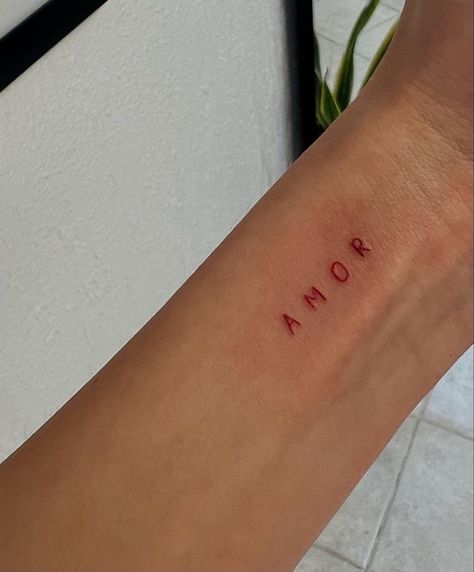 Fine Line Capital Letters Tattoo, Fine Line Tattoo For Siblings, Red Font Tattoo, Fine Line Tattoo Inspiration, Red Aesthetic Tattoo, Amor Tattoos For Women, It Girl Tattoo, Small Tattoos Fine Line, Amore Tattoo Fonts