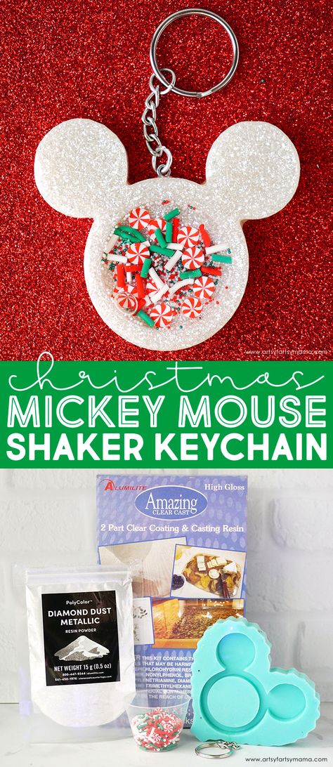 Christmas Mickey Mouse Shaker Keychain #resin #resincrafts #resintutorial #mickeymouse #diykeychain #resinmold #disney #disneycrafts #christmas #christmascrafts #diychristmas #resinshaker #shakercharm #resincharm #christmasdiy #giftidea Disney Key Chains Diy, Resin Shaker Keychain Diy, Disney Acrylic Keychain, Diy Disney Gifts For Adults, Disney Keychain Diy, Disney Resin Crafts, Diy Resin Keychain Ideas, Pixie Dust Ideas For Disney, Resin Keychain Ideas