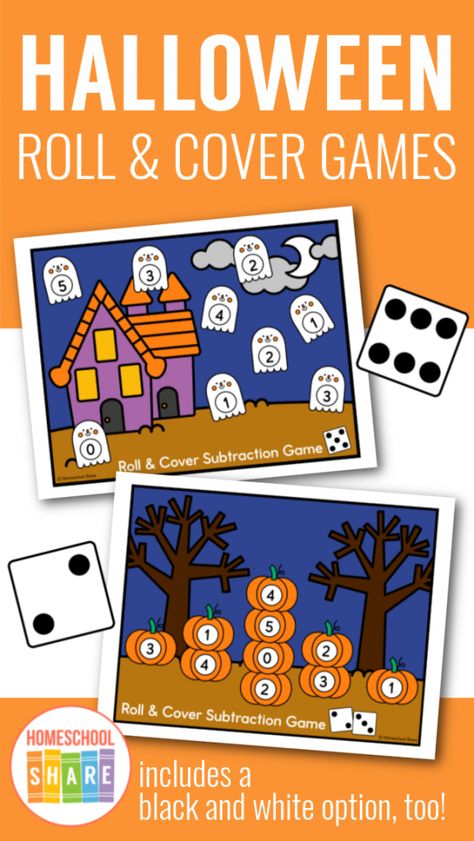 Halloween Roll and Cover Math Games - Homeschool Share Halloween Roll And Cover Free, Pumpkin Roll And Cover Preschool, Halloween Roll And Cover, Halloween Math Activities Preschool, Halloween Math Games, Roll And Cover, Pumpkin Games, Halloween Math Activities, Pumpkin Life Cycle