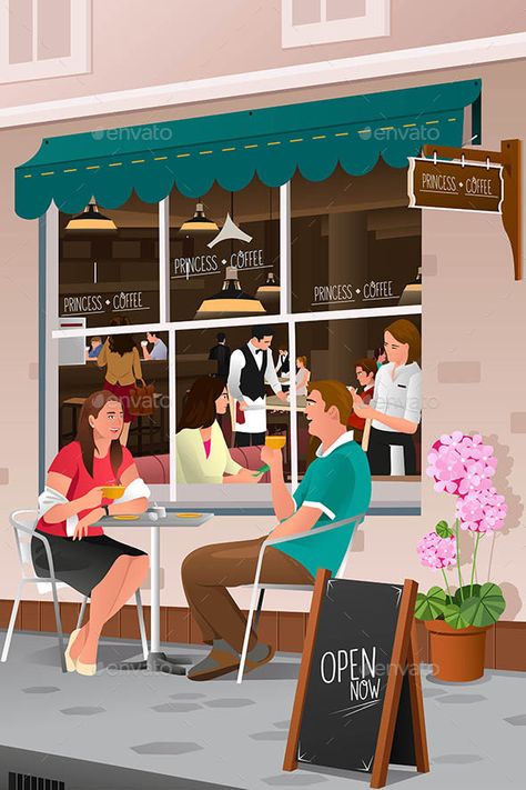 Couple drinking coffee at an outdoor cafe Drinking Coffee Illustration, Couple Drinking Coffee, Couple Drinking, Friends Sketch, Scene Drawing, Coffee Shop Logo, Cafe Terrace, Silhouette People, Coffee Drawing