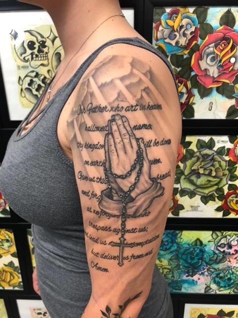 Praying hands, scripture, clouds, lords prayer, arm tattoo, healed, tattoo ideas for everyone, tattoo Prayers Tattoo Ideas, Cloud Tattoo Ideas Female, Lord’s Prayer Tattoo, The Lords Prayer Tattoo, Praying Hands Tattoo For Women, Prayer Tattoos For Women, God Arm Tattoo, Lords Prayer Tattoo, Jesus Tattoos For Women