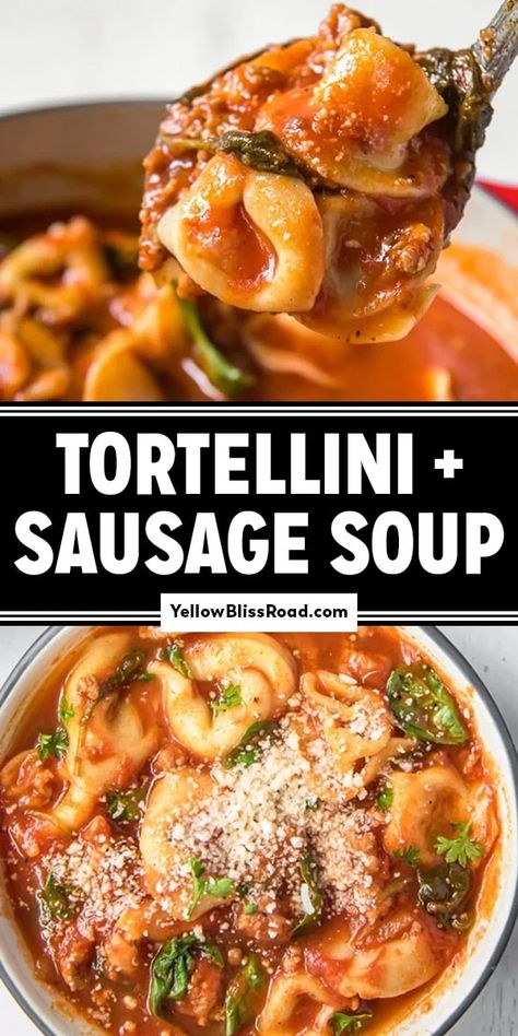 Sausage Cheese Tortellini, Tortellini Soup With Italian Sausage, Weeknight Soup, Italian Sausage Spinach, Soup With Italian Sausage, Italian Sausage Tortellini Soup, Cheese Tortellini Soup, Pasta Soup Recipes, Spinach Tortellini Soup