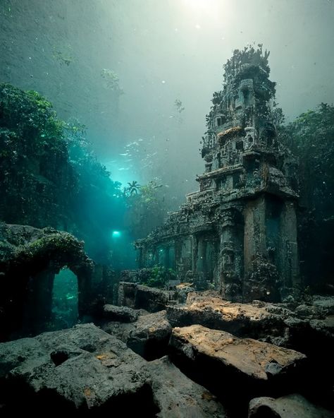 Underwater Palace Aesthetic, Bottom Of The Ocean Aesthetic, Underwater Cathedral, Underwater City Concept Art, Atlantis Painting, Underwater Structures, Underwater Temple, Underwater Palace, Lost Atlantis