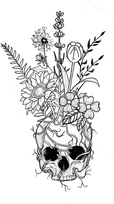 Skull flowers tattoo tattoo design basic pretty floral flower  sunflower tulip dandelion vines skull skull art Skull Flowers Tattoo, Dark Tattoo Designs, Skull Flowers, Mushroom Tattoos, Skeleton Tattoos, Výtvarné Reference, Flowers Tattoo, Dark Tattoo, Flower Skull