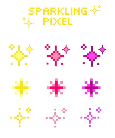 Sparkling pixel set, vector sparkling pixel set, Bright yellow pink purple sparkling pixel Flame Princess Pixel Art, Pixel Words Design, Pixel Gaming Aesthetic, Sparkle Cross Stitch, Pixel Art Sparkle, Pixel Illustration Graphic Design, Pixel Art Shapes, 5x5 Pixel Art, Simple Cute Pixel Art