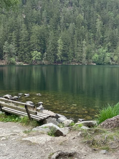 My picture :)) #austria #lake #bench #water #forest #mountains Forest Lake Landscape, Lake In Woods, Pnw Core, Mountain Reference, Mountains And Lake, Water Forest, Cabin Aesthetic, Pretty Views, Cottage Lake