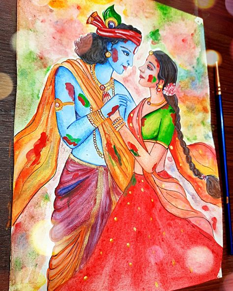 In this painting Radha Krishna are playing holi Radha Krishna Holi Drawing Easy, Holi Festival Painting, Holi Artwork, Painting Radha Krishna, Holi Painting, Festival Painting, Holi Drawing, Krishna Holi, Festival Paint