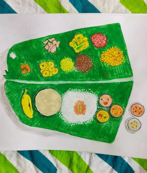 Kerala Sadya food painting Onam Festival Kerala, Barcode Tattoo, Onam Festival, School Board Decoration, Happy Onam, Board Decoration, Easy Paper Crafts, Craft Activities For Kids, Pencil Sketch