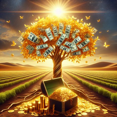 Experience true prosperity with this powerful wealth manifestation image. It features a lavish tree with golden leaves and dollar bills, a treasure chest brimming with riches, and bountiful fields under a sunny blue sky. More at the link. #WealthManifestation #Abundance #Prosperity #GoalManifestation #PositiveVibes #Wealth Money Consciousness, Bio Data For Marriage, Money Wallpaper, Money Wallpaper Iphone, Wealth Manifestation, Flowers Quotes, Bio Data, Good Morning Flowers Quotes, Dream Vision Board