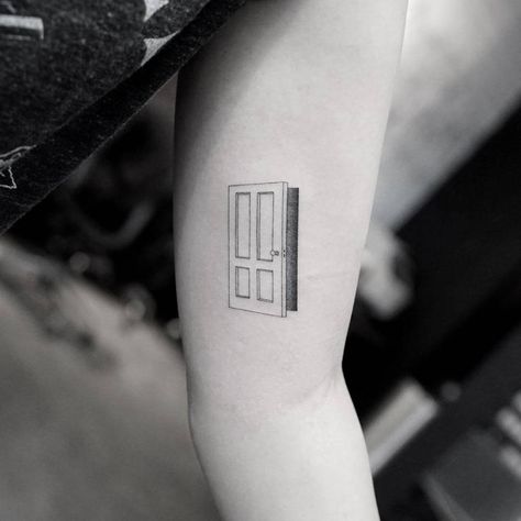 Door tattoo on the left inner arm. Door Tattoo Minimalist, Door Tattoo Ideas, Magic Shop Tattoo, Open Door Tattoo, Destruction Tattoo, The Doors Tattoo, Door Tattoos, Doorway Tattoo, Dimension Tattoo