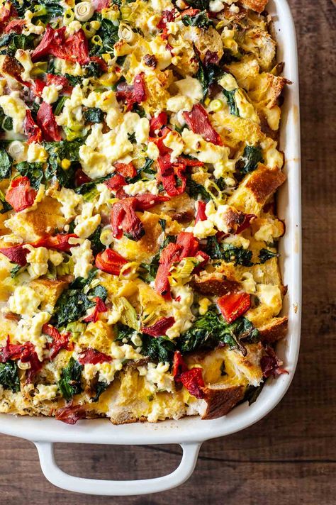 Breakfast Strata (Baked Egg Casserole | The Mediterranean Dish Egg Strata, Strata Recipes Breakfast, Breakfast Snap, Egg Bake Casserole, Italian Seasoning Recipe, Strata Recipe, Strata Recipes, Breakfast Strata, Mediterranean Breakfast