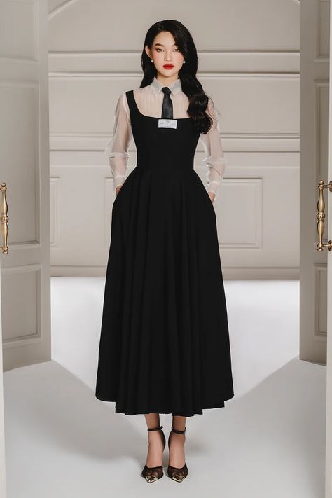 High End Womens Fashion, Teacher Outfits Black Women Casual, Modern Victorian Style Clothing, Modern Silhouettes Fashion, Wednesday Clothes Aesthetic, Modern Elegance Fashion, Soft Dramatic Work Outfit, Black Combination Outfit, Dress Night Party Elegant