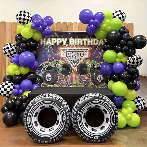 Monster Truck Balloon Garland, Monster Theme Birthday Party, Monster Jam Birthday Party, Monster Jam Birthday, Monster Jam Party, Carnival Party Decorations, Truck Theme Birthday, Purple Balloon, Boys Birthday Party Decorations