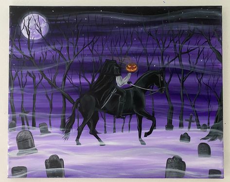 Headless horseman of Sleepy Hollow painting. On my Etsy page!#headlesshorseman#sleepyhollow#tarrytown#headlesshorsemanart#washingtonirving#legendifsleepyhollow#halloween#halloweenart Headless Horseman Art, Headless Horseman Halloween, Kokopelli Art, Jellyfish Painting, Unicorn Painting, Headless Horseman, Halloween Silhouettes, Modern Wall Art Canvas, Sleepy Hollow