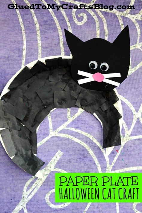 Paper Plate Black Cat - Halloween Kid Craft Halloween Cat Crafts, Toddler Halloween Crafts, Black Cat Craft, Cat Crafts Preschool, Cat Diy Crafts, Halloween Crafts Preschool, School Halloween Party, Halloween Crafts For Toddlers, October Crafts