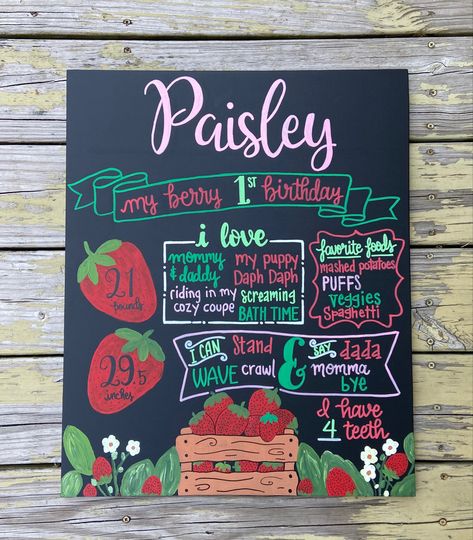 Hand painted/drawn birthday chalkboard. Measures 18x22 and made with real wood Berry First Birthday Chalkboard, 1st Birthday Chalkboard Sign, First Birthday Chalkboard Sign, Berry 1st Birthday, 1st Birthday Chalkboard, 1st Birthday Signs, First Birthday Sign, Chalk Sign, Baby Birthday Themes