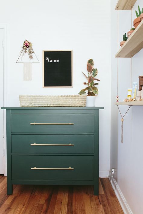 Green dresser Ikea Hemnes Chest Of Drawers, Ikea Rast Makeover, Ikea Dresser Hack, Green Nightstands, Ikea Hemnes Dresser, Ikea Rast Hack, Green Dresser, Hacks Ikea, Ikea Dresser