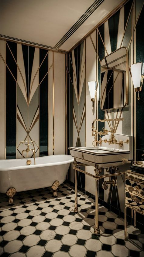 Vintage Glamour Home, Gatsby House Interior, Art Deco Sink, Art Deco Restroom, Modern Edwardian Bathroom, Black And White Marble Bathroom Ideas, Art Deco Toilet Room, Art Deco Inspired Bathroom, Luxury Master Bathrooms 2024