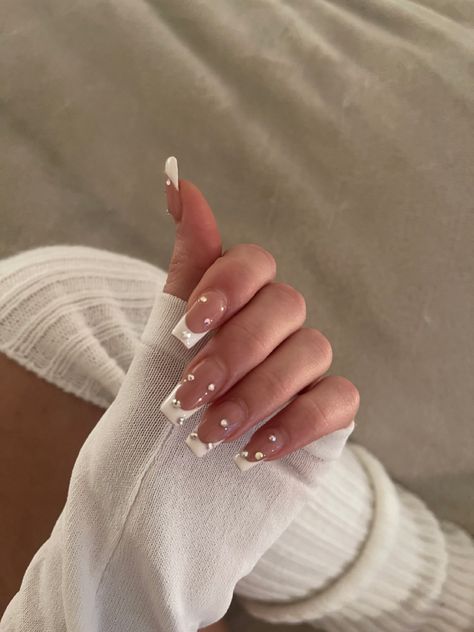 White french tips, french nails, gems, birthday nails, summer nails, spring nails, white outfit, leg warmers, white shirt, nail inspo. French Nails Gems, Birthday Nails Summer, Tips French Nails, Spring Nails White, Temptation Aesthetic, Made Series Danielle Lori, Ronan Markov, Outfit Leg Warmers, Leg Warmers White