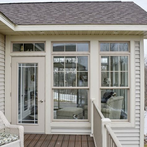 Four Season Porch Addition and Dual Decks - Rustic - Sunroom - Minneapolis - by LakeWood Homes & Remodeling | Houzz Four Season Porch, 3 Season Porch Ideas, Porch To Sunroom, Four Seasons Room Addition, Rustic Sunroom, All Season Porch, Porch Greenhouse, Four Season Sunroom, Sunroom Remodel