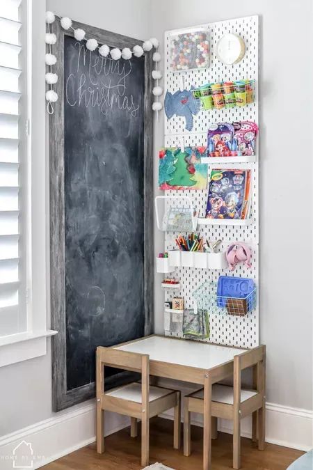 Playroom craft corner #ikea #playroomorganization #pegboard #chalkboard #amazonhome #LTKkids #LTKhome Ikea Pegboard Ideas Kids, Chalkboard Playroom, Corner Playroom, Downstairs Playroom, Christmas Playroom, Graces Room, Fabric Pom Poms, Ikea Pegboard, Pegboard Ideas