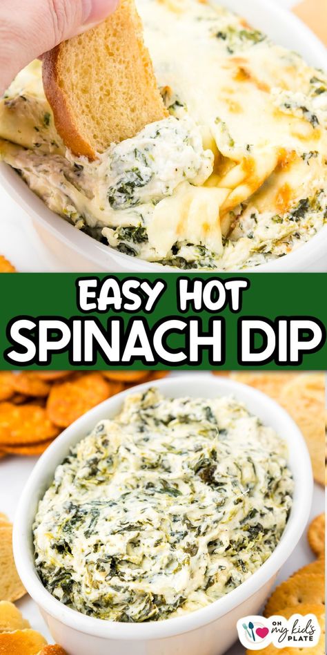 Easy cheesy baked spinach dip is a popular hot appetizer perfect for Christmas, Thanksgiving, New Year's, game day and parties, this easy dip is a gooey crowd pleaser. Spinach Entree Recipes, Montana Spinach Dip, Spinach Dip With Fresh Spinach, Spin Dip Recipe, Spinish Dip, Spinach Dip Recipe Easy, Hot Spinach Dip Recipe, Spinach Dishes, Warm Spinach Dip