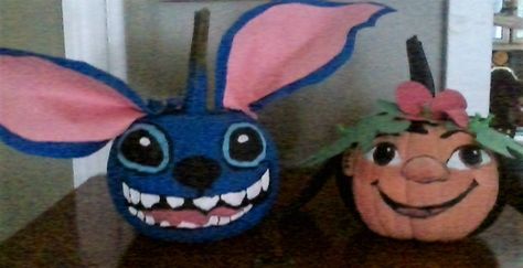 Lilo & Stitch pumpkins I painted. Lilo And Stitch Pumpkins, Lilo Pumpkin Painting, Lilo And Stitch Pumpkin Painting, Lilo And Stitch Trunk Or Treat, Stitch Pumpkin Painting, Lilo And Stitch Pumpkin, Stitch Pumpkin Carving, Halloween Beach, Calabazas Halloween