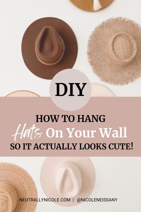 If you have boho interior home decor style and bohemian style fashion sense then this women's style and storage idea is for you. Here is a DIY hat wall for women's hats if you love boho chic wide brim fedora hats. How to display your hats on the wall in your bedroom so they look pretty with this DIY hat wall tutorial. Hanging Up Hats On Wall, Boho Hat Wall Decor, Hat Arrangement Wall, Hat Storage On Wall, Hats On Wall Decor Bedroom, Hanging Fedoras On Wall, Decorative Hat Wall, Sun Hat Wall Decor, Hats On Wall Living Room