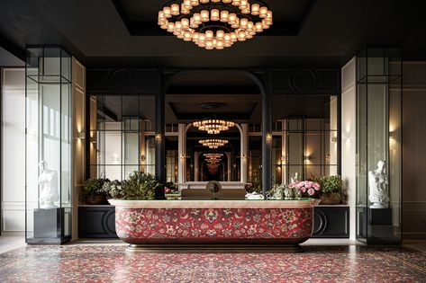 Wembley Entrance Hall on Behance British Style Interior, Hotel Reception Design, Boutique Hotel Lobby, Lobby Designs, Modern Hotel Lobby, Castle House Design, Luxury Hotels Lobby, Hotel Lobby Design, Colorful Kitchen Decor