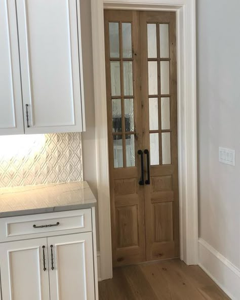 Glass Pantry Double Doors, Small French Doors Pantry, Narrow Double Pantry Doors, Side Door Entry Into Kitchen, Long Pantry Door Handle, Pantry Door Swinging, Wood Stain Pantry Door, 8 Ft Pantry Door Ideas, Folding Door Pantry